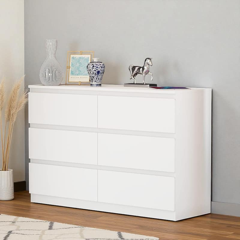 Modern 6-Drawer Double Dresser Wide Storage Cabinet for Bedroom Living Room Hallway Freestanding Wood Organizer - White