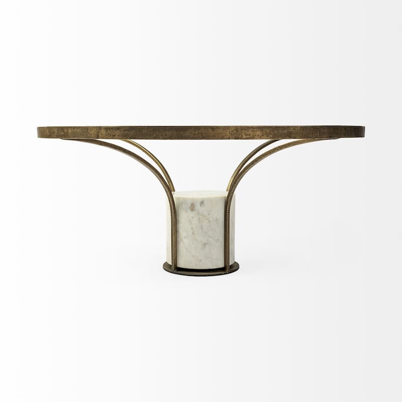 HomeRoots 36" Antiqued Gold And White Glass Iron and Marble Round Pedestal Coffee Table - 36