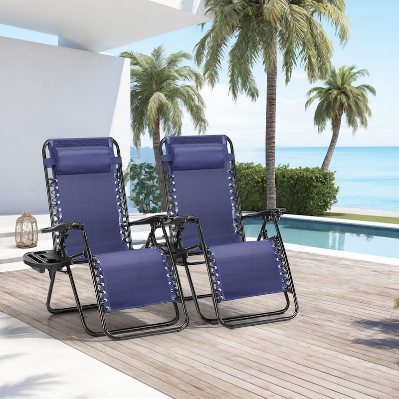 Set of 2 Zero Gravity Recliner Lounge Chairs with Cup Holders, Folding Patio Camping Beach Chairs for Outdoor Relaxation