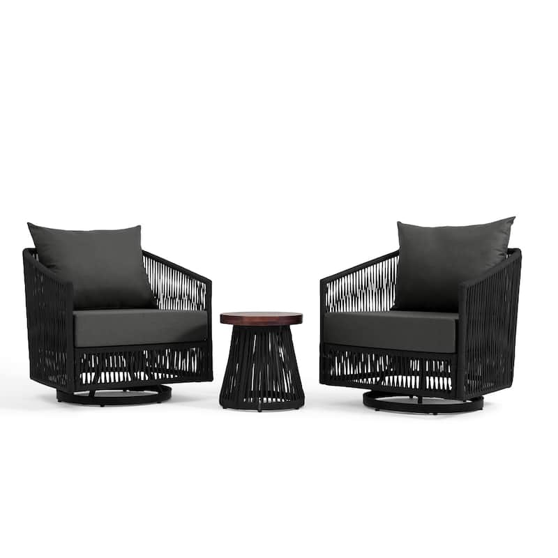 3 Piece Patio Woven Rope Swivel Chair Seating Group with Cushions