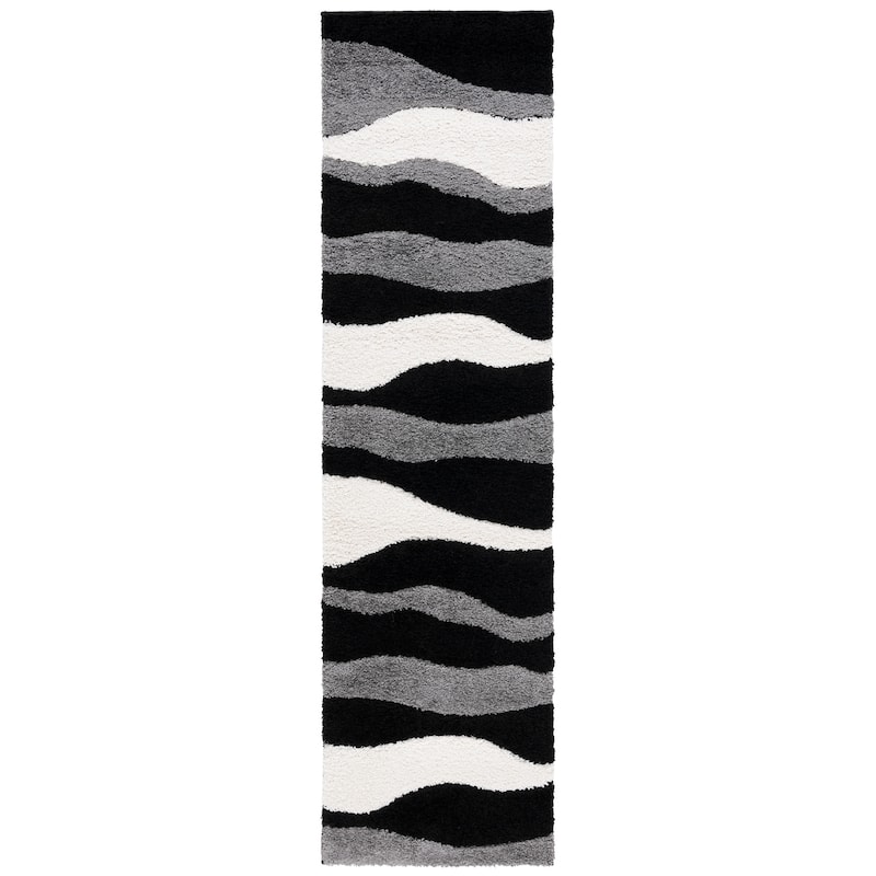 SAFAVIEH Florida Shag Melahat Abstract Wave 1.2-inch Thick Rug - 2'3" x 8' Runner - Grey/Black