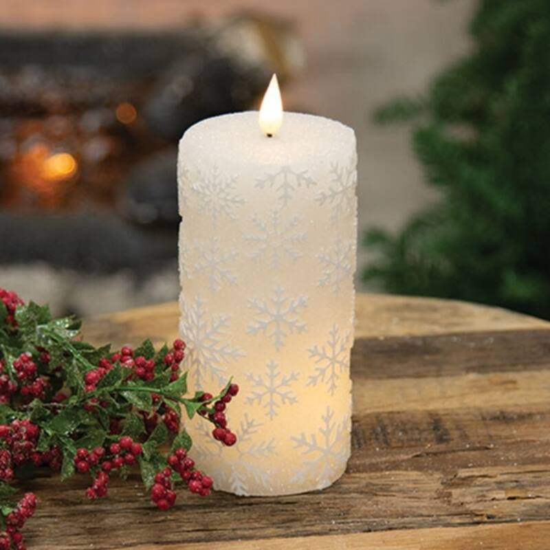 Sparkling White Snowflake LED Timer Pillar Candle Winter Decor