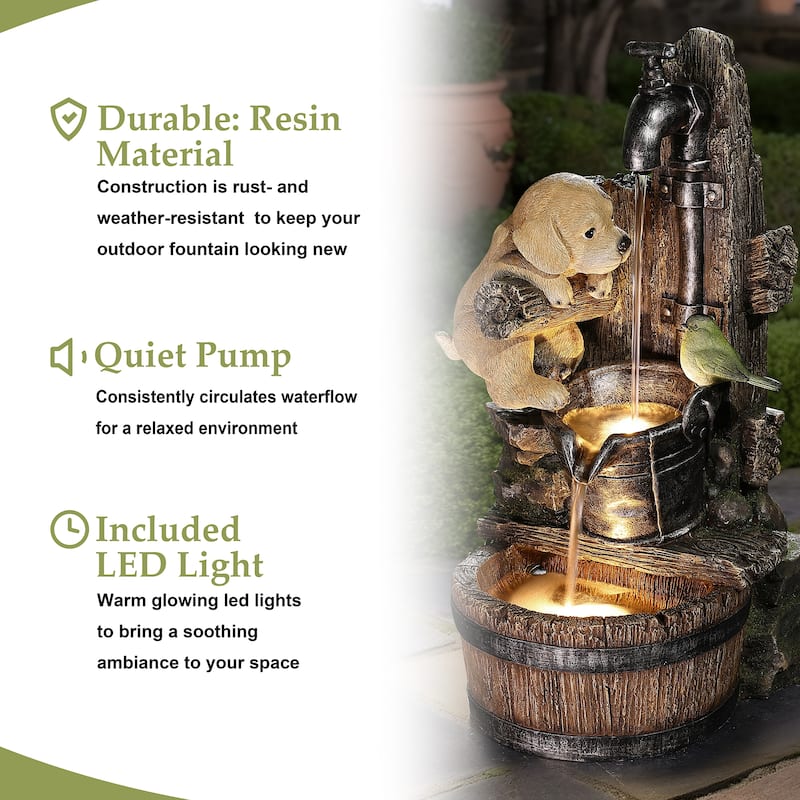 Puppy at the Farmhouse Faucet Resin Outdoor Fountain with Lights