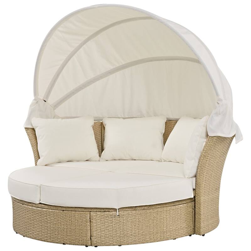 Outdoor Patio Daybed, Outdoor Furniture Set with Retractable Canopy, Patio Wicker Rattan Round Sofa with 4 Pillows