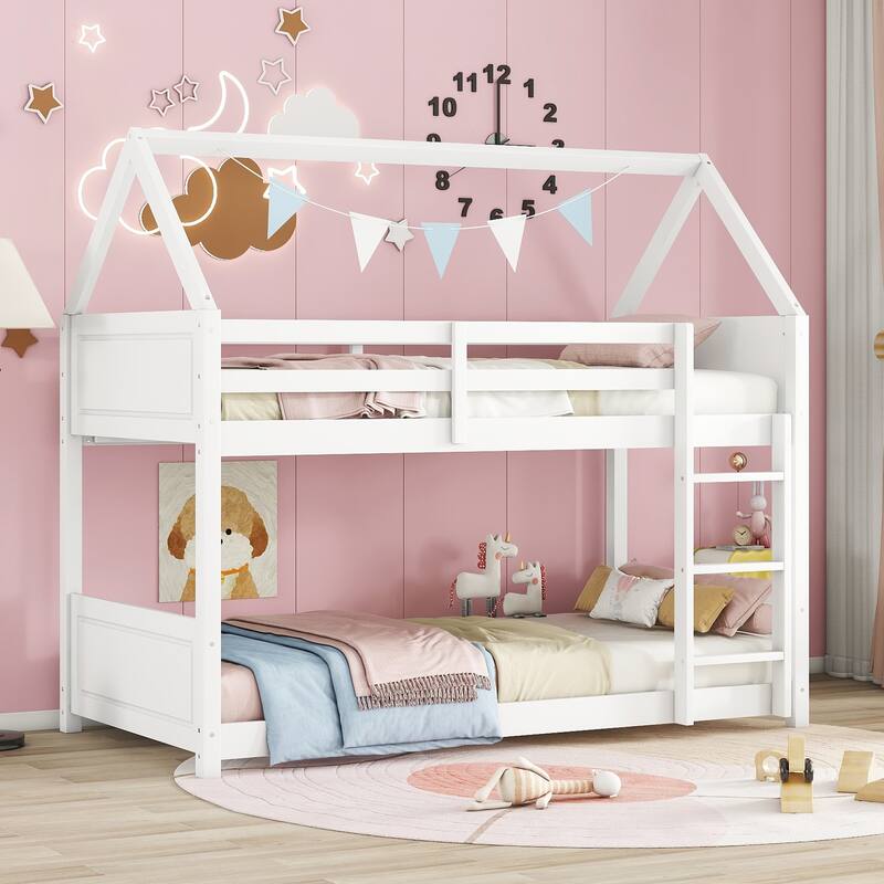 Twin Over Twin House Floor Bunk Bed with Headboards, Footboards, Guardrails, and Ladder, White