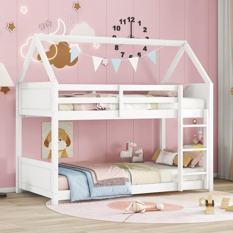 Twin Size Rubber Wood House Floor Bunk Bed with Safety Guardrails - White - Twin