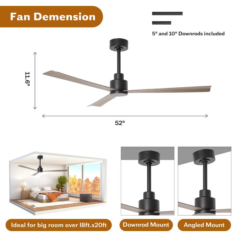 52" Matte Black Industrial Reversible DC Motor Ceiling Fan - 52" L x 52" W x 11.6" H