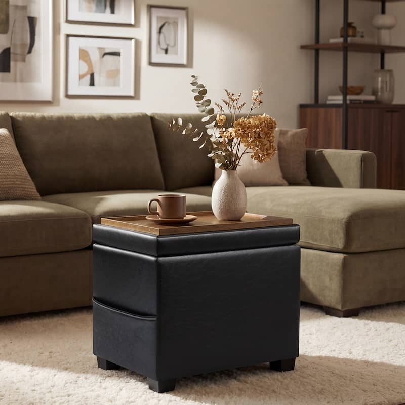Adeco 16" W Upholstered Rectangle Storage Ottoman with Tray and Pocket