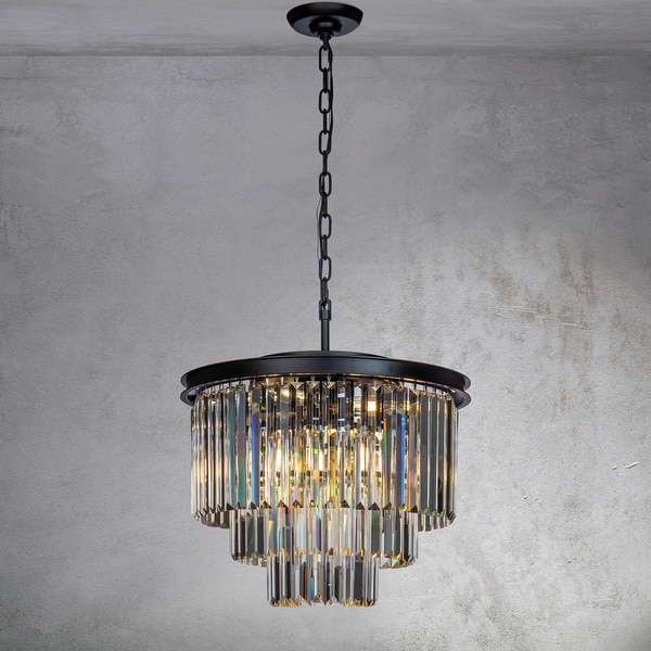 slide 2 of 16, CraftHome 6-Lights Mid-Century Modern Antique Tier Round Fringe Crystal Chandelier Matte Black