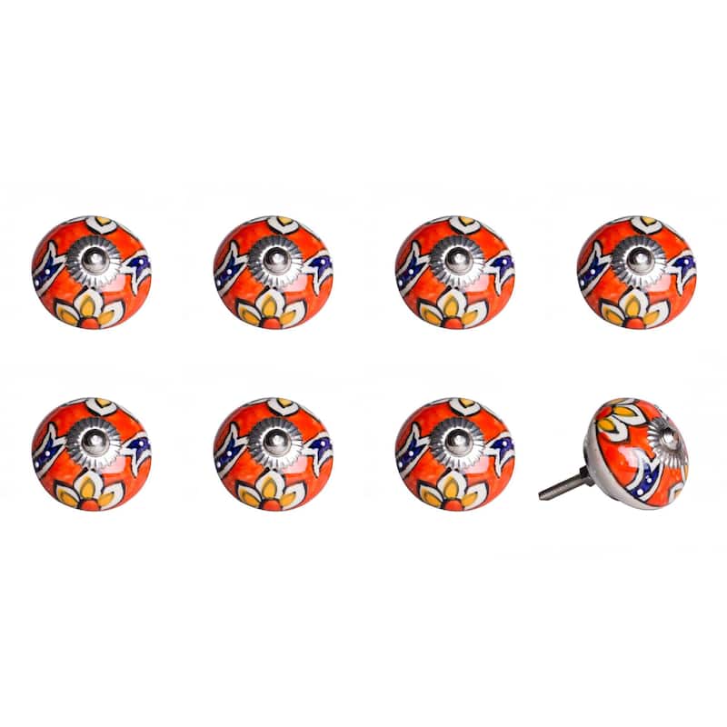 HomeRoots Set of Eight Orange And White Floral Ceramic Drawer Pull Knobs - 1.5" x 1.5" x 1.5"