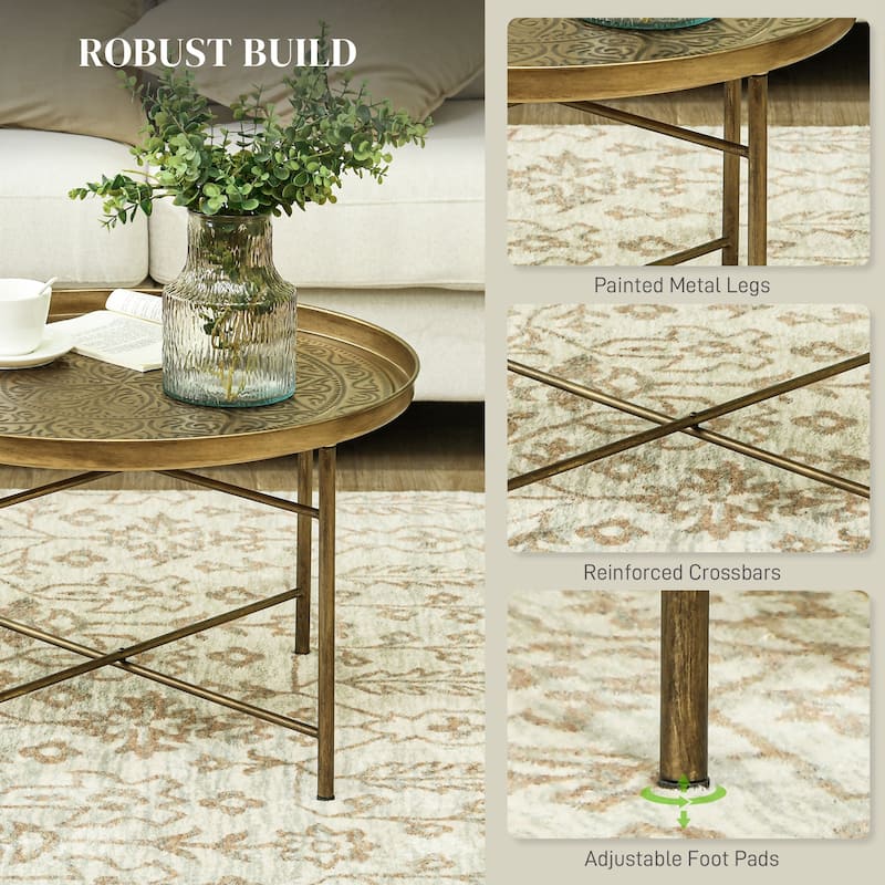 Round Coffee Table with Hammered Tray Top, Vintage Metal Center Side Table