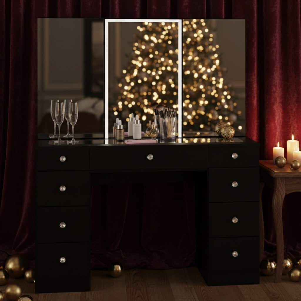 Boahaus w/Tri-Fold Lighted Makeup Vanity Desk With Glam Glass Top 9 Drawers Crystal knobs