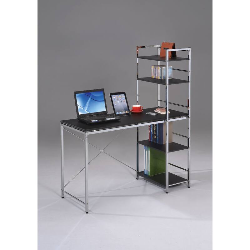 Black Wood Top Computer Desk with Silver Metal H-Shape Base and Shelving