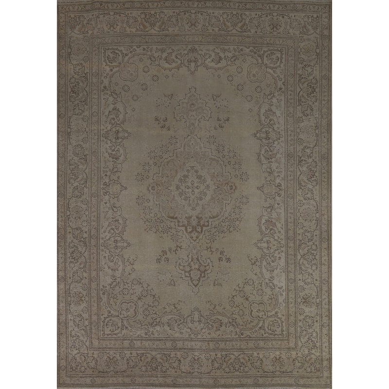 Tabriz Persian Vintage Rug Hand-Knotted Beige Oriental Wool Carpet - 8'2" x 11'2"
