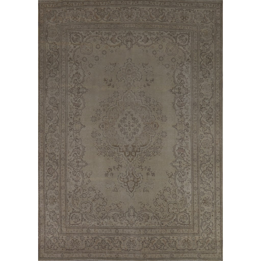 Tabriz Persian Vintage Rug Hand-Knotted Beige Oriental Wool Carpet - 8'2" x 11'2"