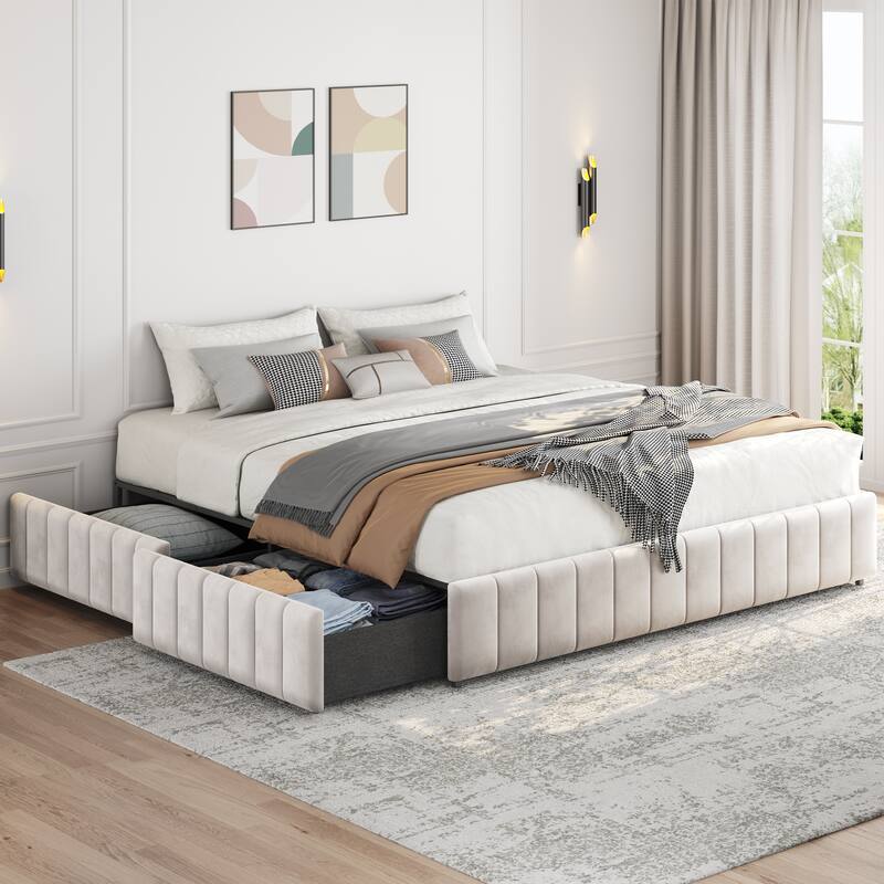 Yaheetech Storage Bed Frame with 3/4 Drawers Upholstered Bed Frame with Metal Slat Support
