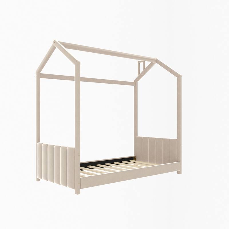 Modern Full Size Velvet House Bed with Roof, No Box Spring Needed