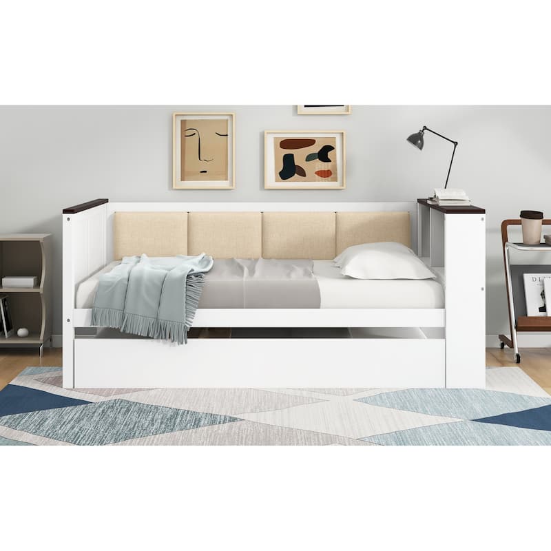 GDFStudio - Wood Daybed with Storage Shelves, Upholstered Backrest, Trundle and USB