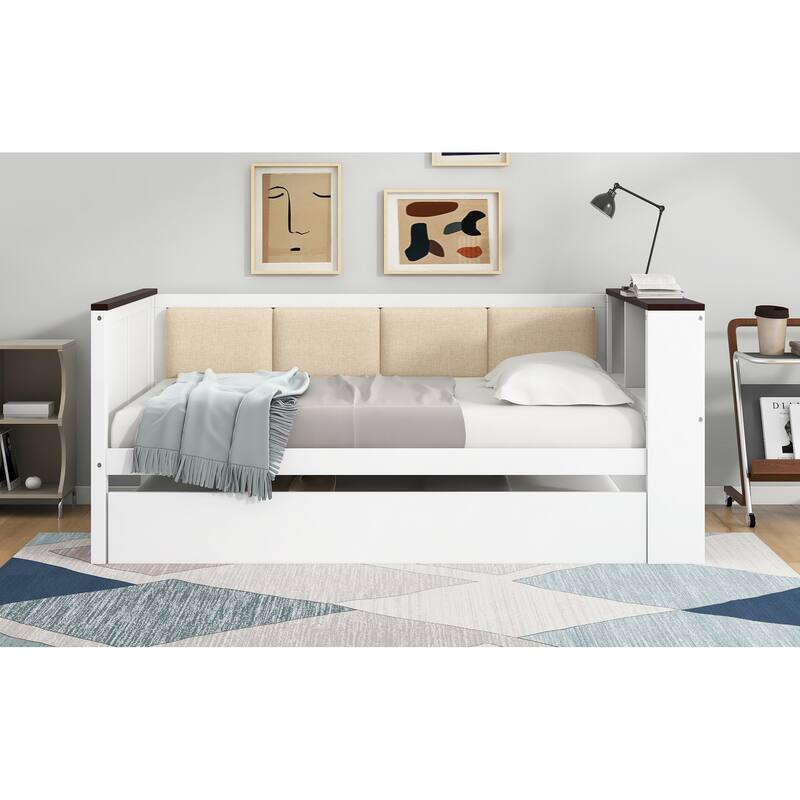 Wood Daybed with Storage Headboard Shelves Built-in USB, Upholstered Backrest and Trundle Bed, White Platform Storage Bed Frame