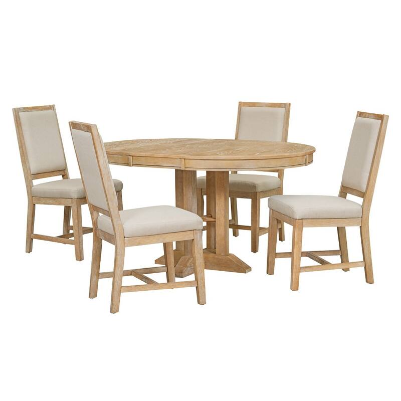5-piece Farmhouse Dining Set with Extendable Round Table and 4 Upholstered Chairs