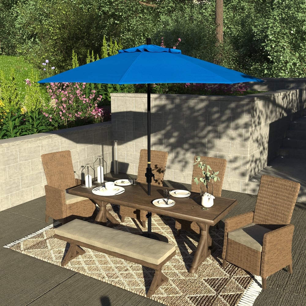 California Umbrella 9' Rd Patio Umbrella Black Aluminum Frame Fiberglass Ribs Crank Lift Collar Tilt, Pacifica Pacific Blue
