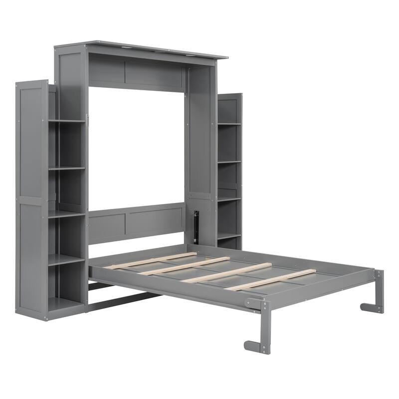 Space-Saving Full Size Wall Bed with Shelves and LED Lights, Gray
