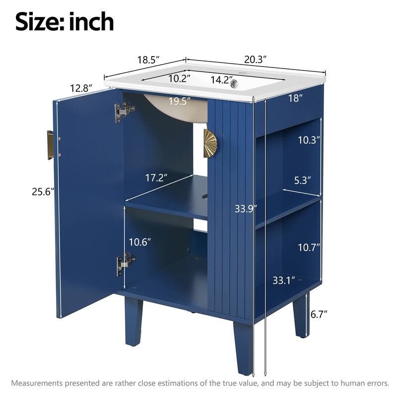 Bathroom Vanity, 20" Small Bathroom Vanity with Ceramic Sink, Chic Half-Moon Pulls Bathroom Cabinet