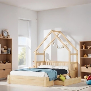 Queen Size House-shaped Bed with Half-guard, Wooden Platform Bed with Two Recess Handle Drawers, Natural