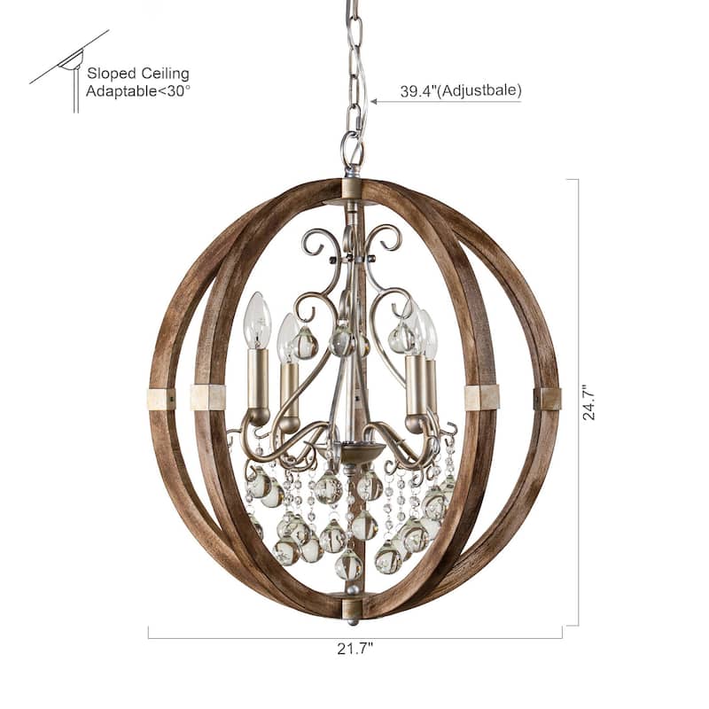 Farmhouse Brown 4-Light Wood Frame Crystal Globe Chandelier - 21.7-in W x 24.7-in H