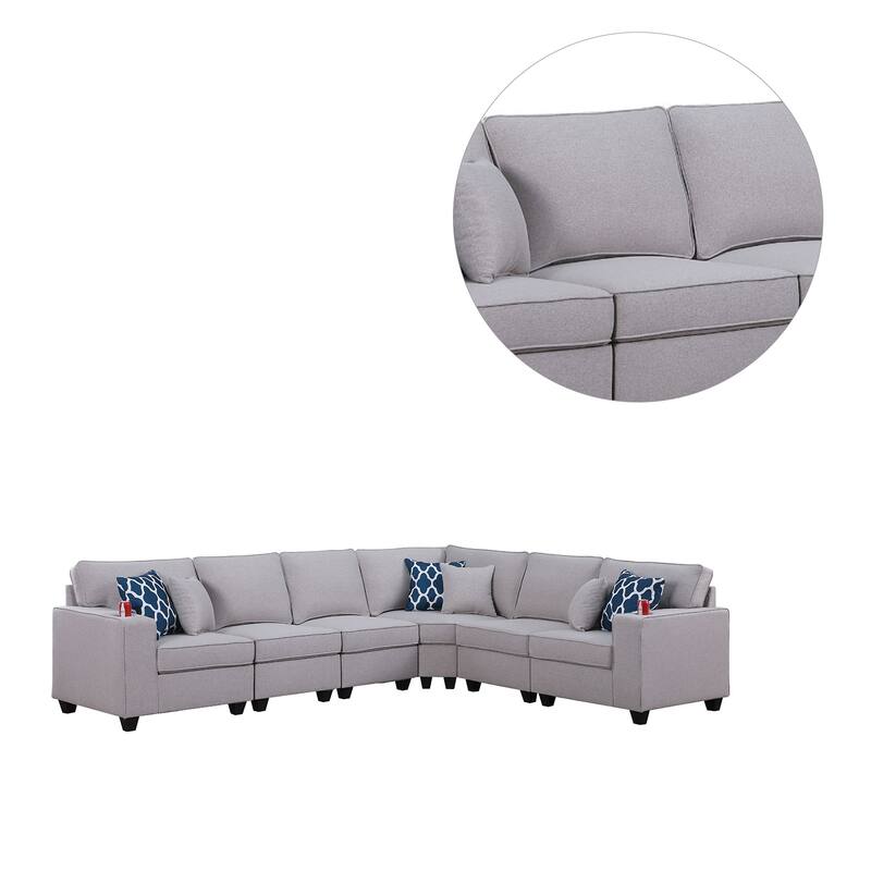 6 Piece Linen Upholstered L-Shape Sectional Sofa in Light Gray