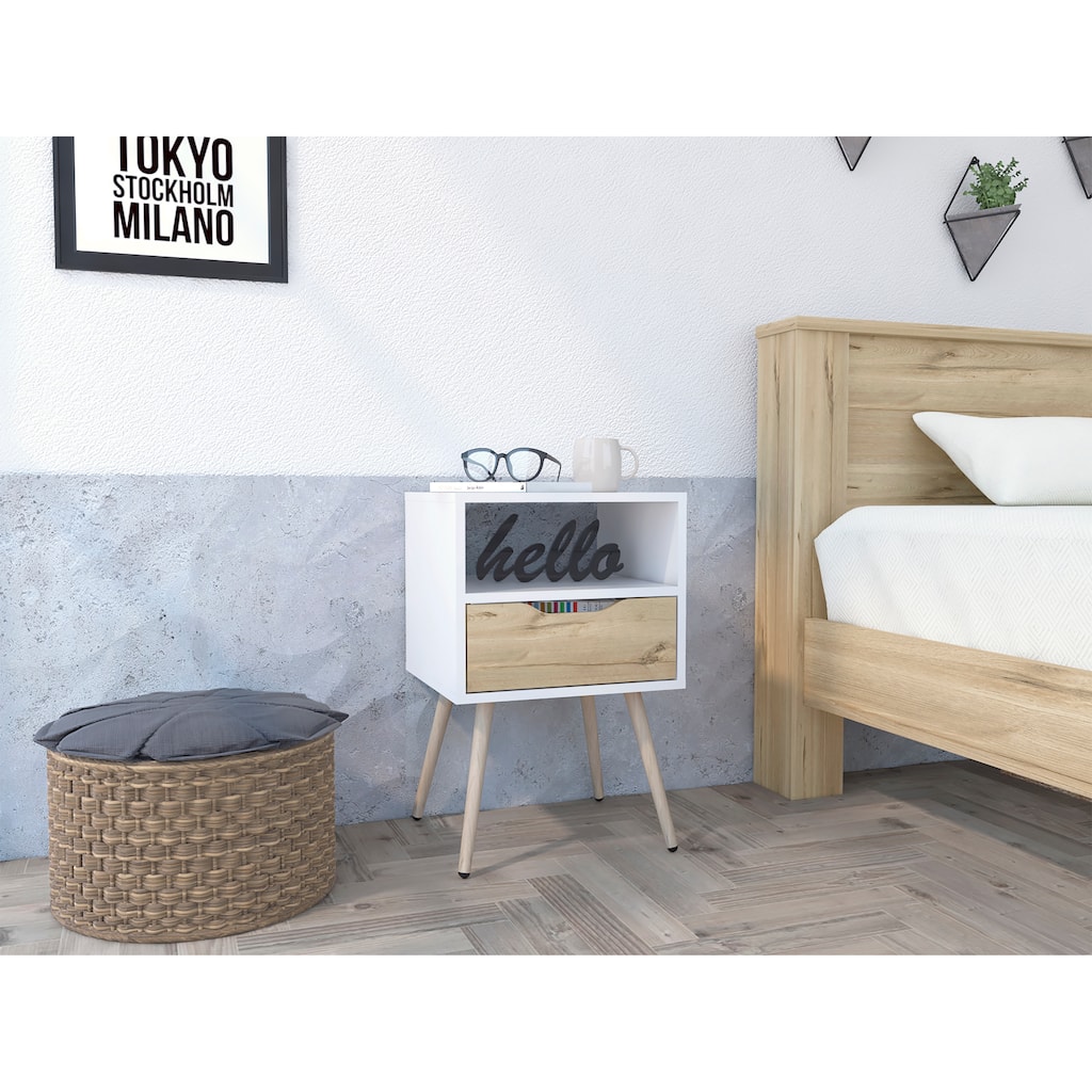 1-Drawer 1-Shelf Nightstand, Light Oak and White Finish, Rectangular Shape