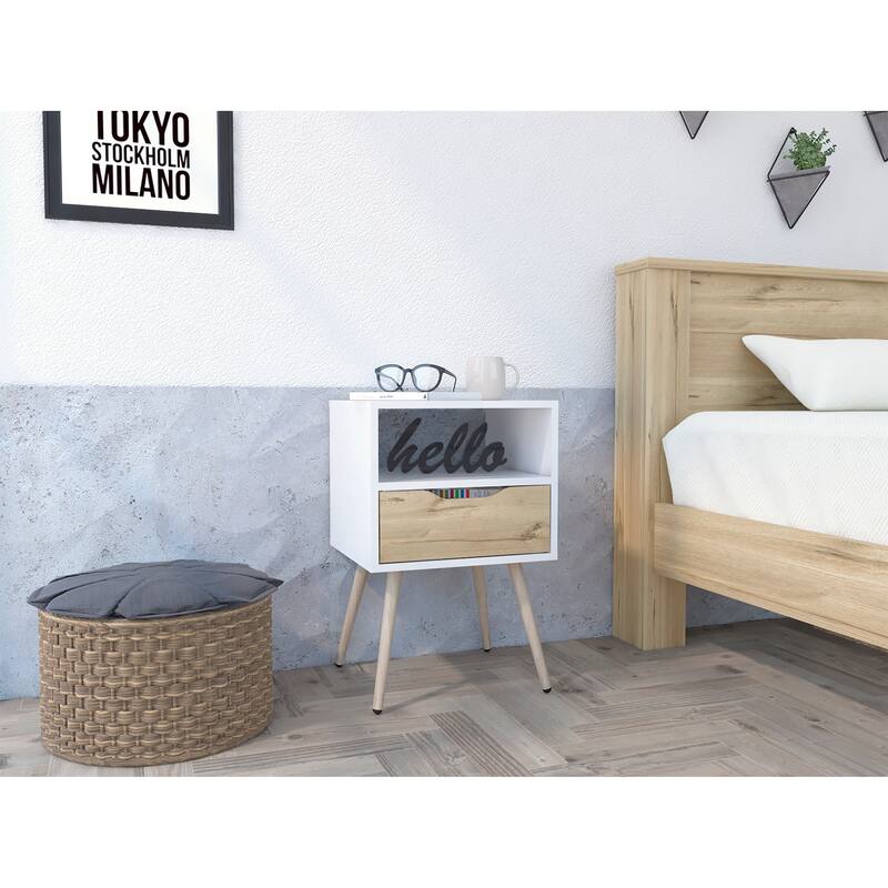 1-Drawer 1-Shelf Nightstand, Light Oak and White Finish, Rectangular Shape - White