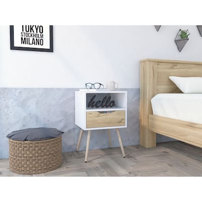 Haverson 1-Drawer 1-Shelf Nightstand White and Light Oak，Suitable for bedrooms,living rooms,apartments