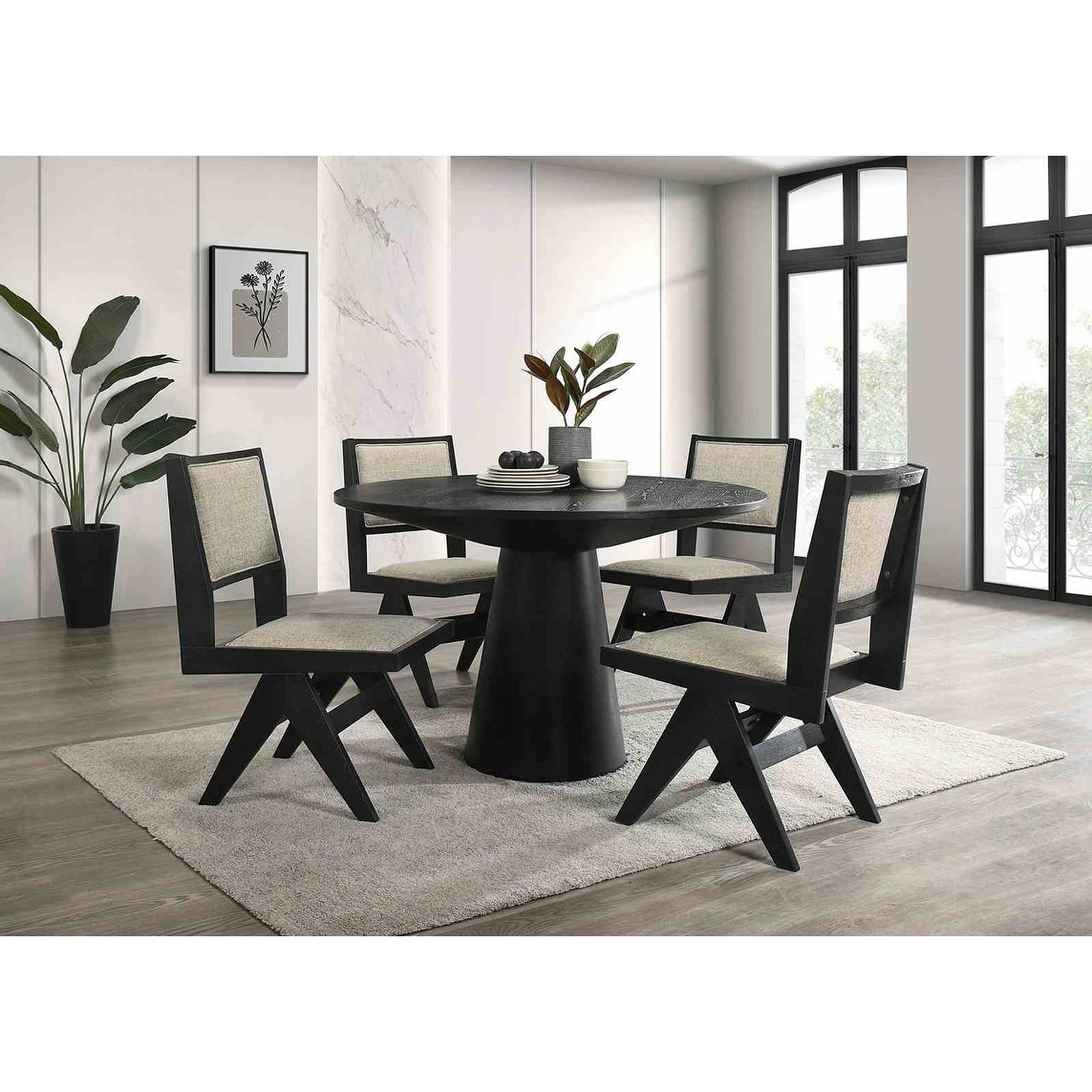 Round Modern Black Finish 5pc Dining Set Table and Chairs