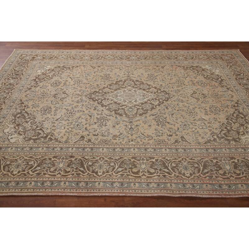 Distressed Mashad Persian Antique Area Rug Hand-knotted Wool Carpet - 6'3" x 9'0"