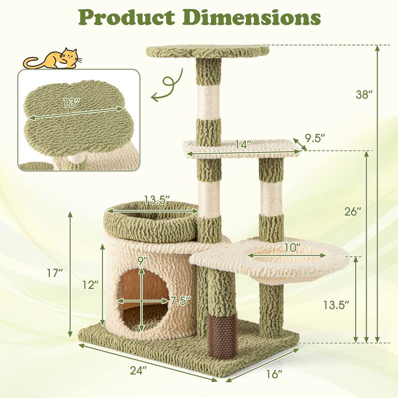 Green-White Plush Cat Tree Tower with Condo, Hammock and Grooming Brush - 24" L x 16" W x 38" H