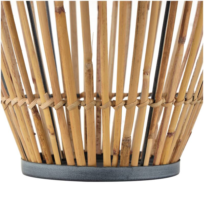 Brown Bamboo Wood Handmade Open Frame Decorative Vase with Blue Metal Accents