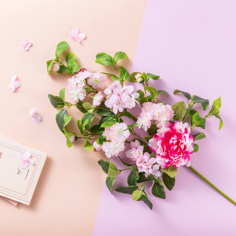 Glitzhome 28"H Set of 2 Pink Hydrangea, Peony & Cherry Pick