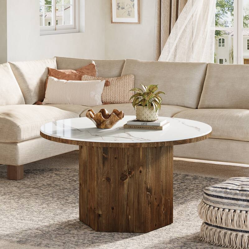 Round Coffee Table with Sintered Stone Top and Solid Wood Base