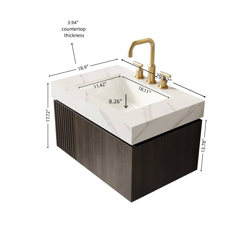 Floating Bathroom Vanity with Sintered Stone Top & Undermount Ceramic Basin with Three Pre-drilled Faucet Holes