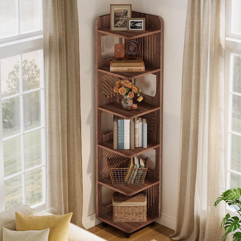 6 Tiers Farmhouse Wood Tall Narrow Corner Shelf with Hollow Design - 15.8" W x 15.8" D x 71.9" H