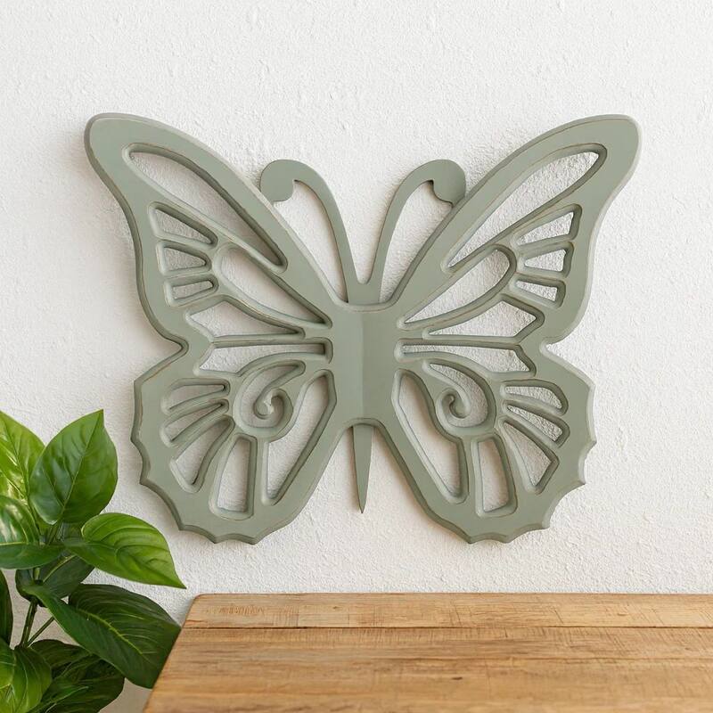 Set of 2 Wooden Butterfly Wall Plaque with Cutout Detail, Light Gray