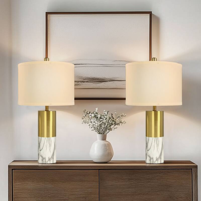 20" Modern Metal Marble Table Lamp, Bedroom Table Lamps Set of 2