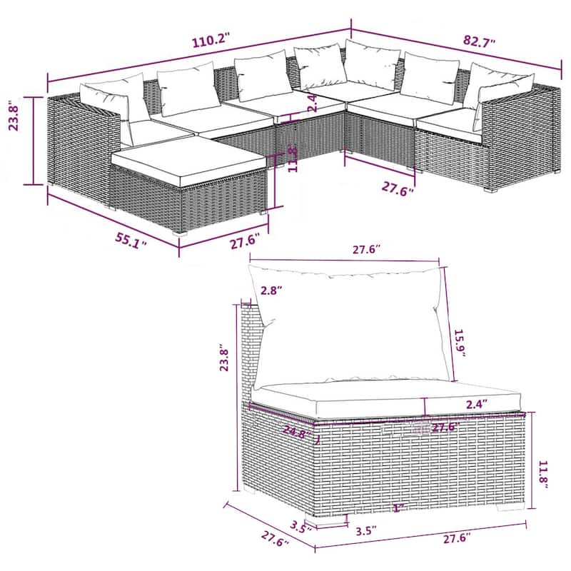 Joez 7pc Outdoor Modular Lounge Sofa Set, Footrest, Brown Rattan, Red