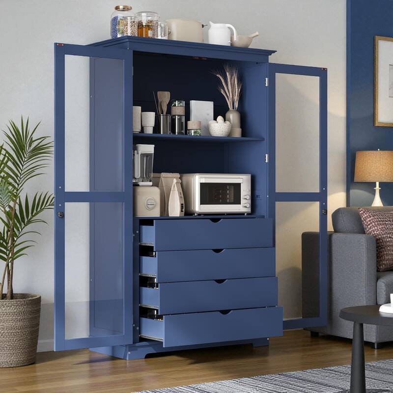 75" Solid Pine Wood Kitchen Pantry Cabinet with Glass Doors and 4 Drawers, Freestanding Storage Display Cabinet for Dining Room