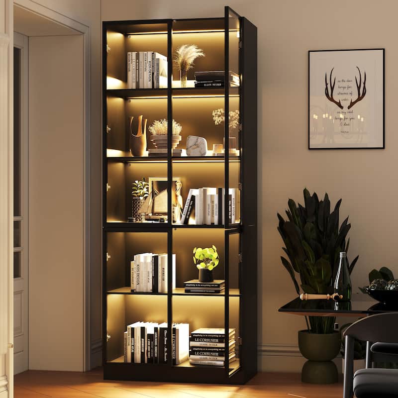 Display Storage Cabinet,Display Cabinet with Tempered Glass Doors, Showcase with 4-Tier Storage Shelves