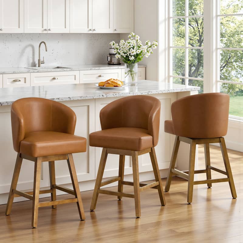 26 Inch Upholstered Swivel Counter Height Bar Stools with Back and Solid Wood Frame - 37.8"H x 20.9"W x 21.3"D