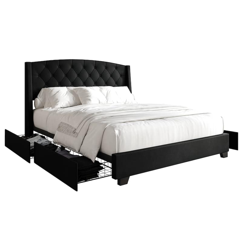 CraftPorch Classic Button Tufted Wingback Upholstered Bed with Drawers