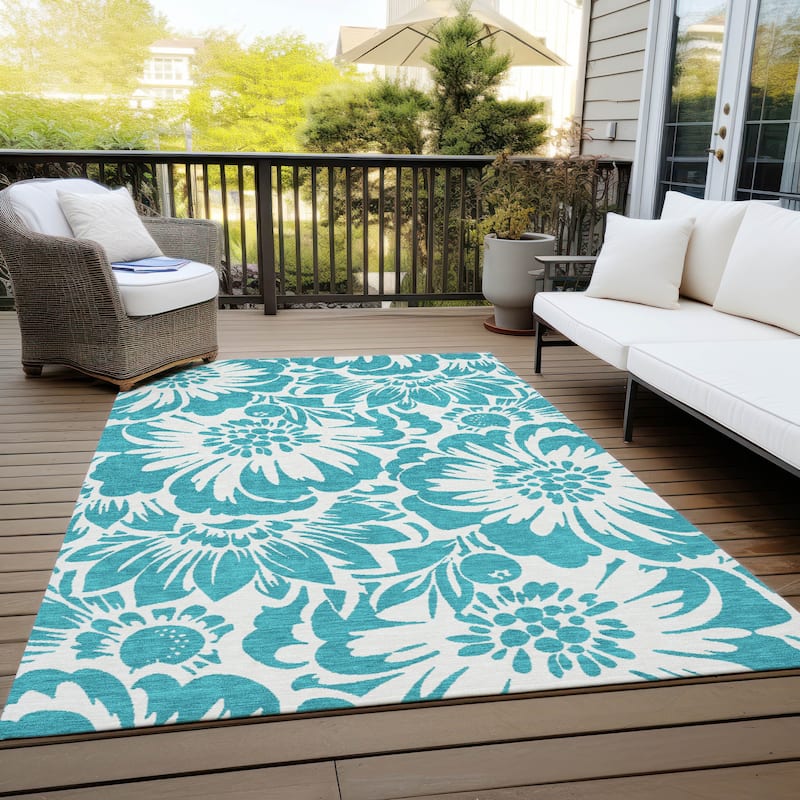 Machine Washable Indoor/ Outdoor Whimsy Floral Chantille Rug - Teal - 8' x 10'