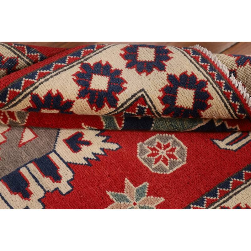 Geometric Red Kazak Oriental Accent Rug Hand-Knotted Wool Carpet - 3'5" x 4'11"